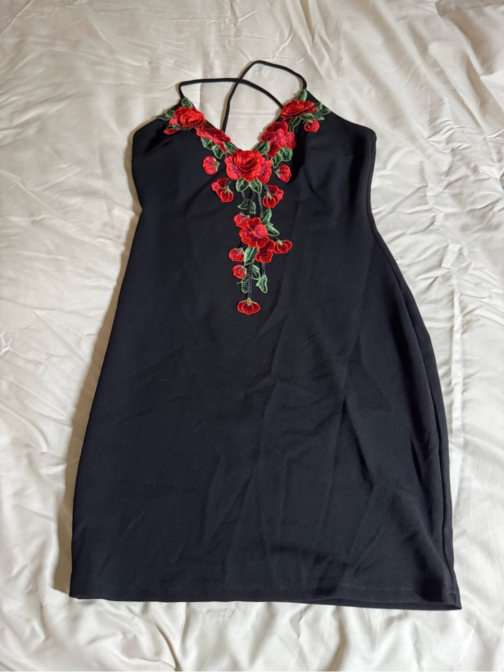 Windsor Black Mini Dress with Red Rose Embroidery